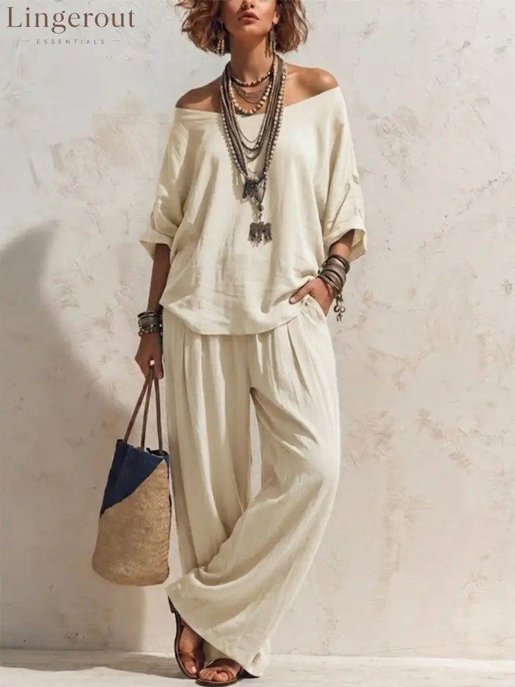 Casual Loose-fitting Linen Set With Three-quarter Sleeve Top And Wide-leg Trousers - White / S