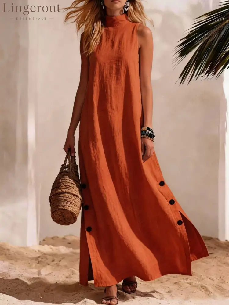 Casual Solid Color Cotton And Linen Sleeveless Side Slit Maxi Dress - Orange red / S - Dresses
