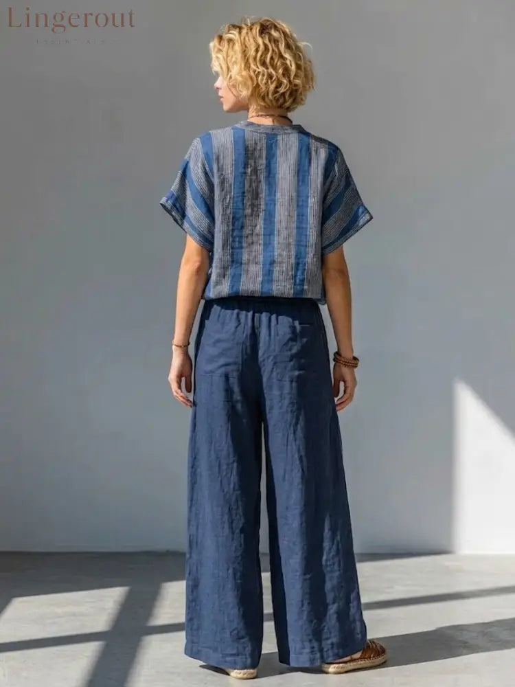 Casual Striped Linen And Cotton Two-piece Top And Pants Set