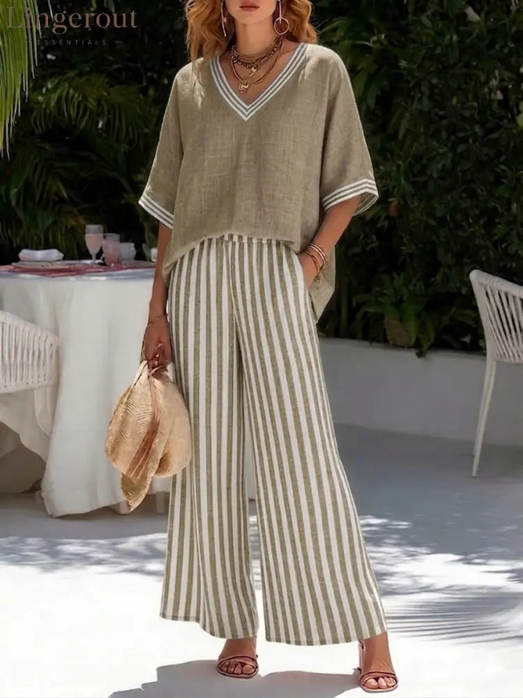 Casual Two-piece Set: Striped Linen & Cotton Patchwork Top And Striped Trousers - Khaki / S