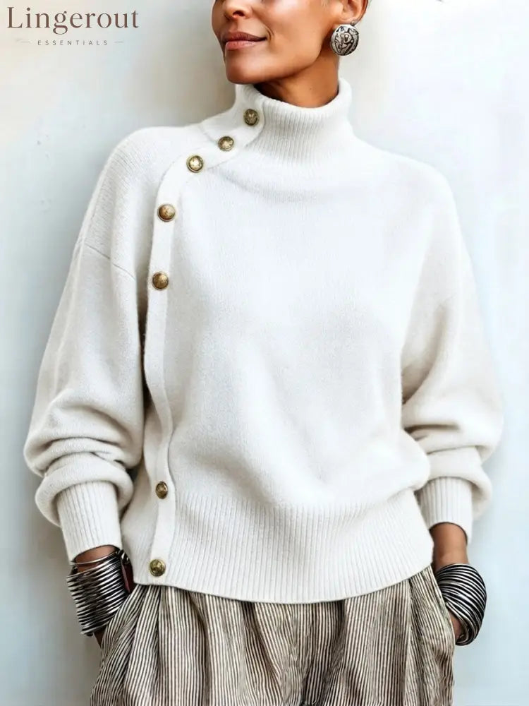 Chic Elegant Asymmetrical Button Turtleneck Sweater - White / S