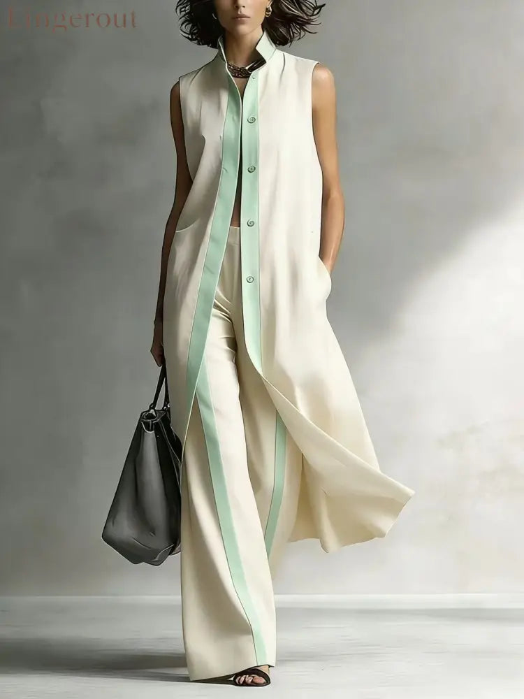 Contrast Sleeveless Tunic & Wide-Leg Pants Set Modern Sophistication Effortless Tailored Style - Apricot / S