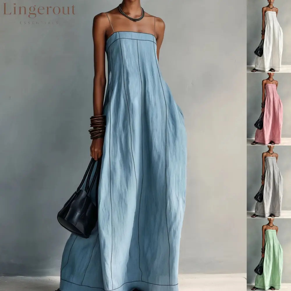 Contrast Stitch Thin Strap Straight Maxi Slip Dress