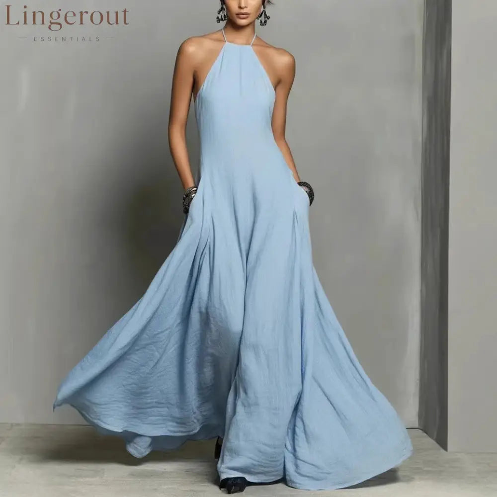 Cotton And Linen Blend Simple Backless Sleeveless Long Dress - Light blue / S