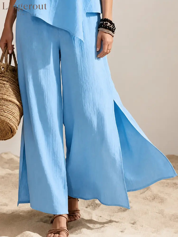 Cotton-linen Round-neck Asymmetrical Top + Side-slit Wide-leg Pants Two-piece Set