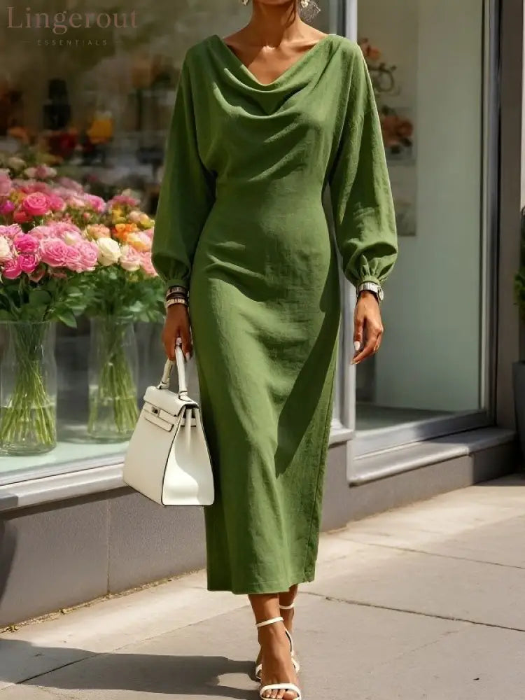 Cowl‑Neck Batwing Sleeve Bodycon Midi Dress - Army green / S