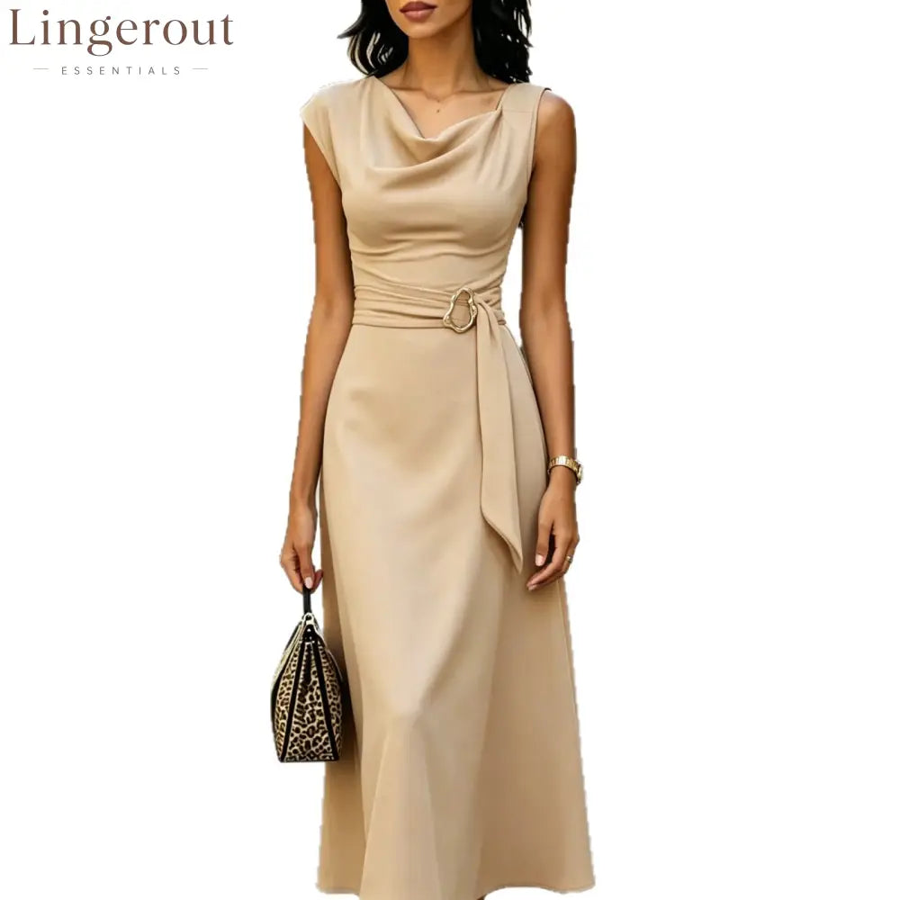 Cowl Neck Sleeveless Belted Midi Dress