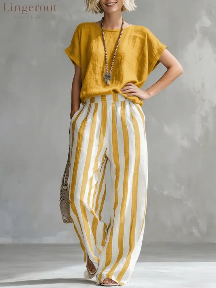 Cozy Loose-fit Striped Cotton-linen Two-piece Set - Yellow / S