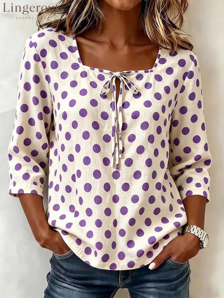 Cream Base Polka Dot Square Neck Tie Front 3/4 Sleeve Blouse - Purple / S