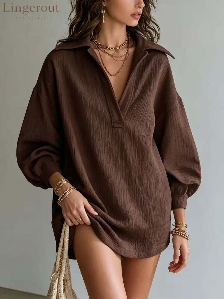 Crinkle Textured Collar V‑Neck Tunic Dress Women Loose Long Sleeve Casual Mini Dress - Coffee‑Brown / S