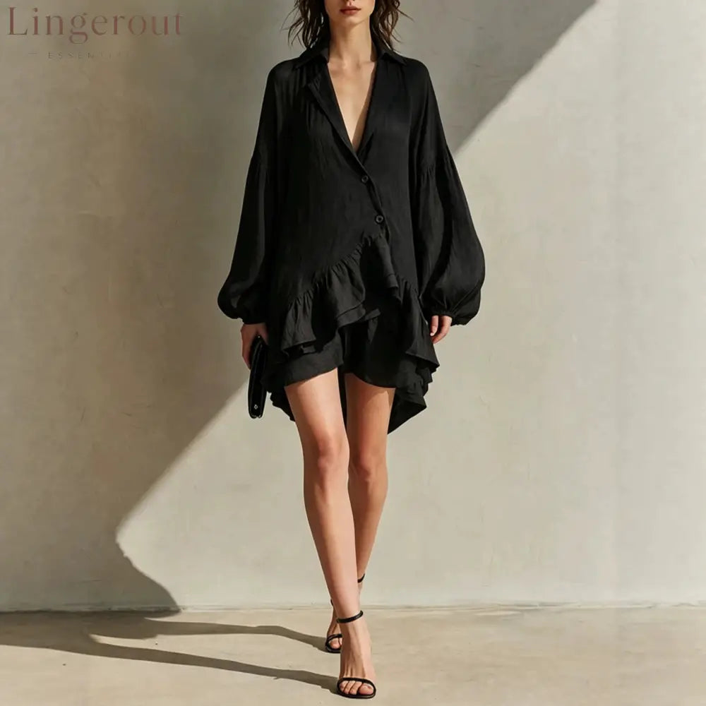 Crinkled Blazer Collar Balloon Sleeve Asymmetrical Ruffle Mini Romper - Black / XS