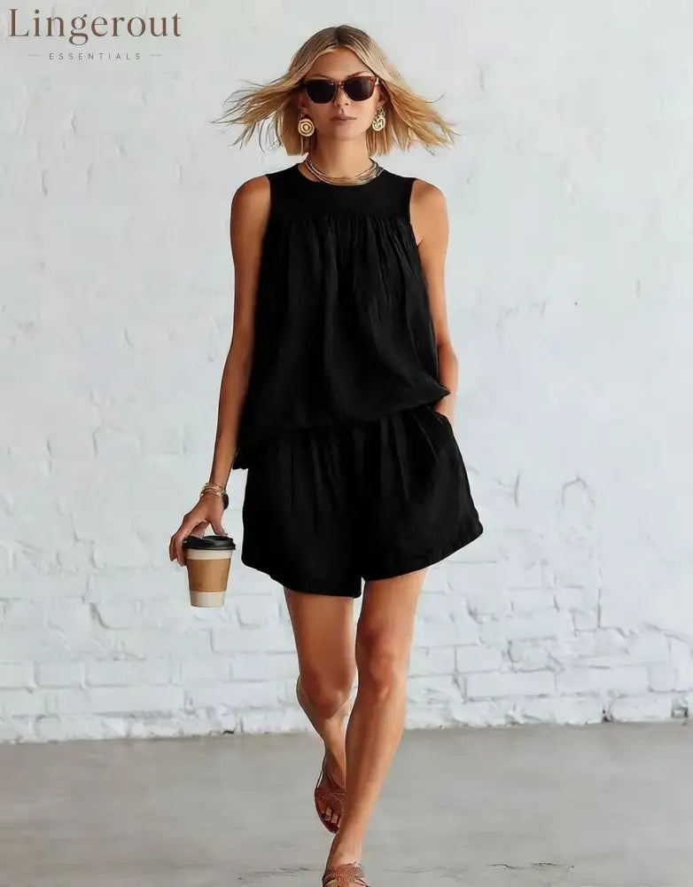Crinkled Casual Two Piece Short Set - Black / S