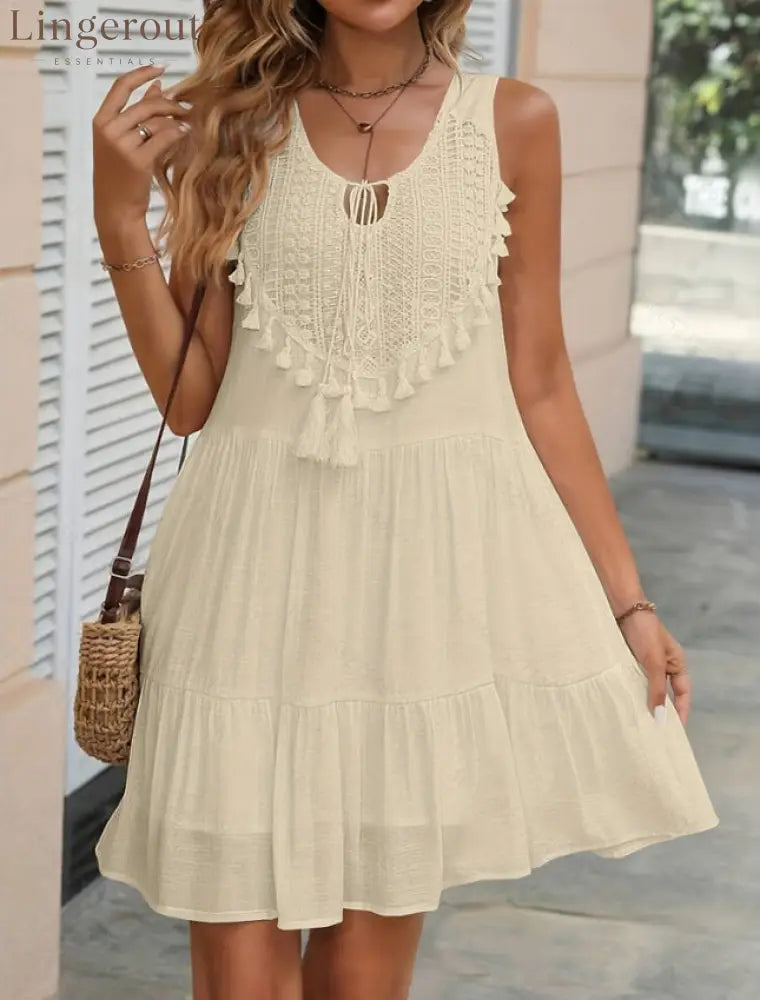 Crochet Lace Tassel‑Trim Sleeveless Tiered Mini Dress - Apricot / S