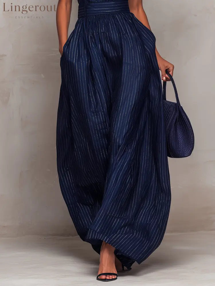 Dark Blue Striped Keyhole Neckline Wide-leg Jumpsuit