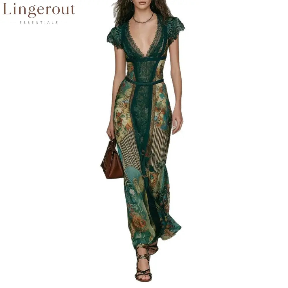 Deep V‑Neck Lace Cap Sleeve Vintage Print Maxi Dress