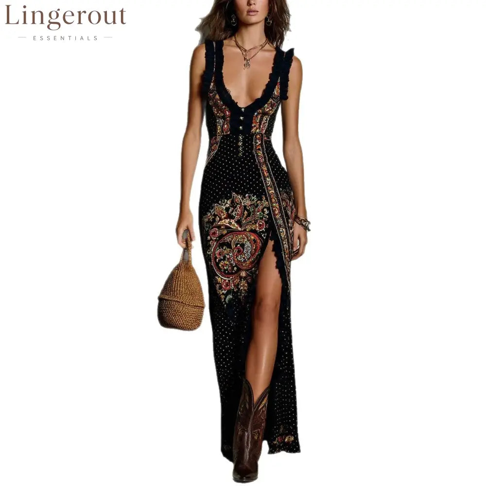 Digital Print Sleeveless Split Maxi Dress – High-Waist V-Neck Long Dress for Women