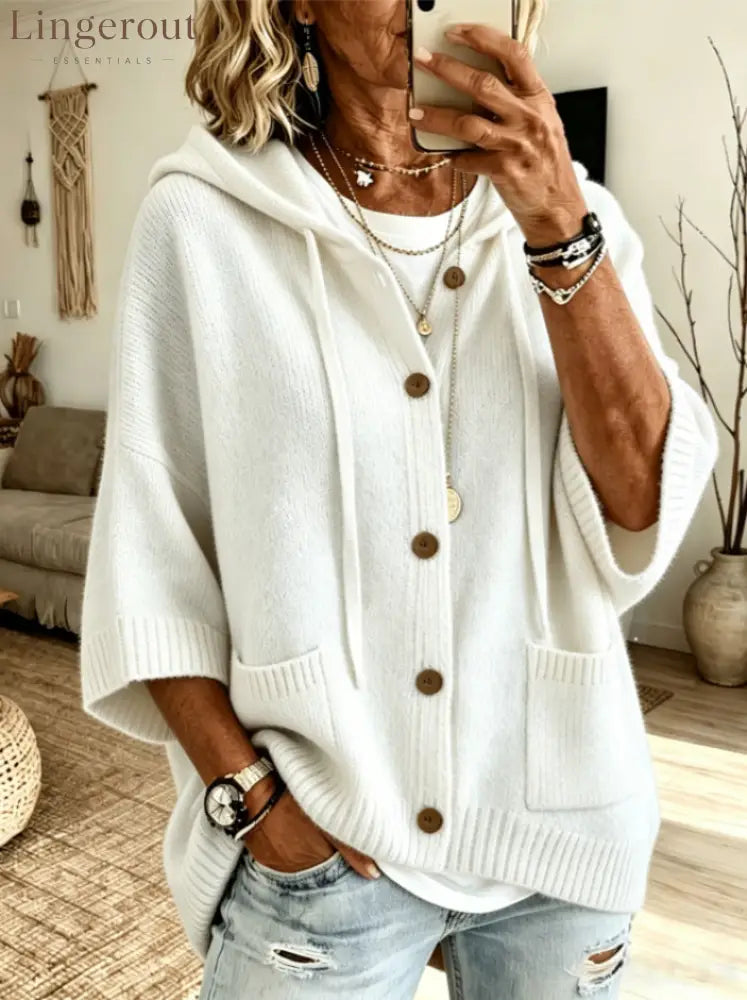 Drawstring Hooded 3/4 Sleeve Wooden Button Knit Cardigan - White / S