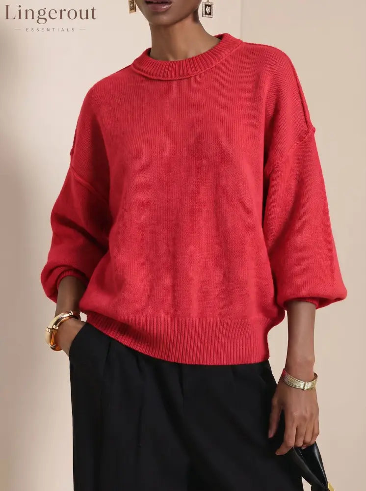 Drop-Shoulder Crew Neck Knit Sweater - Red / S