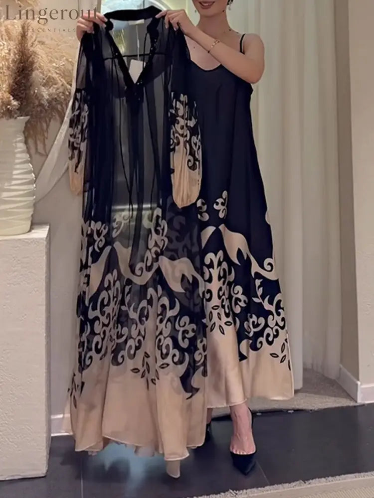 Elegant Loose And Comfortable Two-piece Set Featuring A Printed Chiffon Camisole Dress And A Long-sleeved Dress.