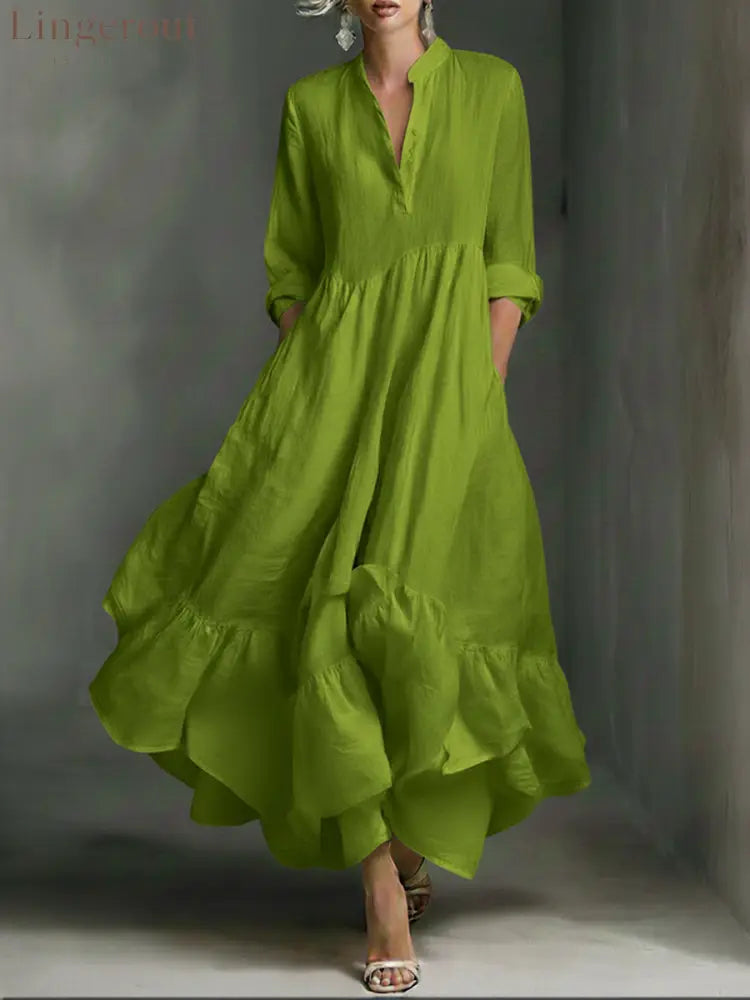 Elegant Women’s Printed Maxi Dress With Ruffle Details. - Green / S