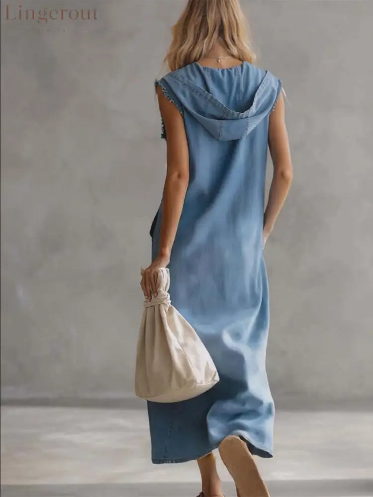 Exquisite Vintage Casual Hooded V-neck Zipper Side Slits Buttons Blue Denim Midi Dress