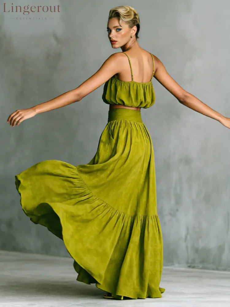 Fashion Linen Blend Bubble Slip Tank and High Rise Pocket A-line Maxi Skirt Set