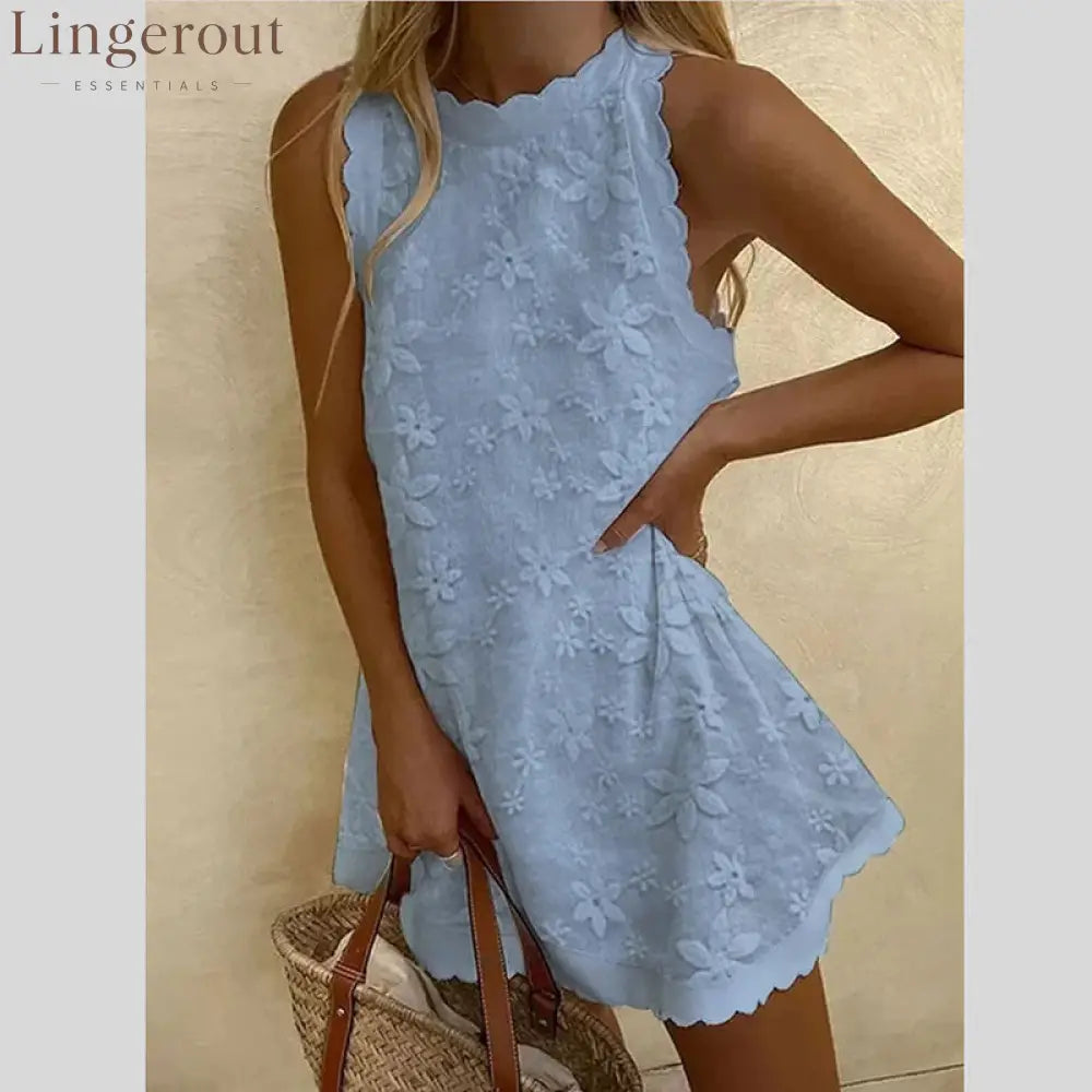 Floral Embroidered Scalloped Sleeveless Romper - Blue / S