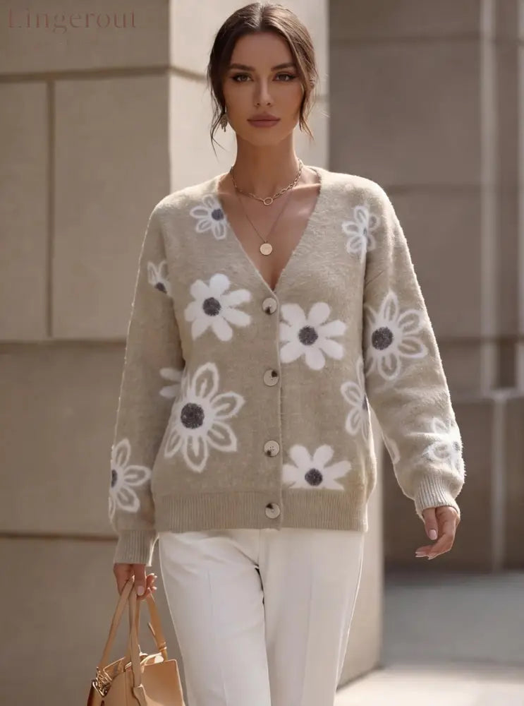 Floral Fuzzy Knit Cardigan - Khaki / S