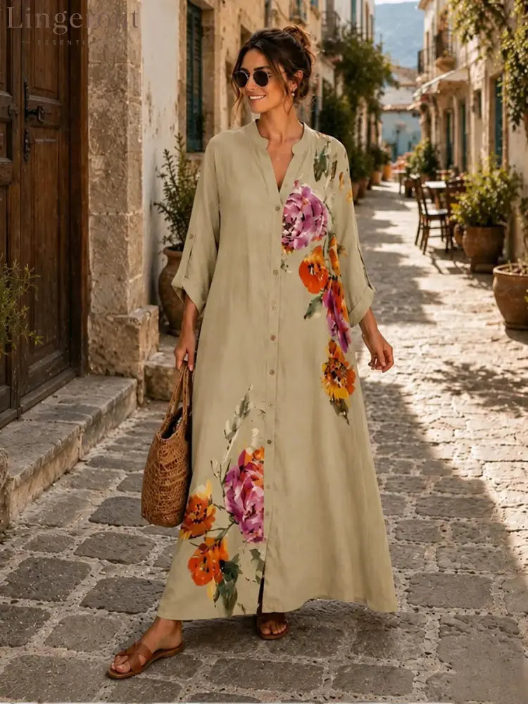 Floral Print Linen Button Down Maxi Dress - Dark khaki / S