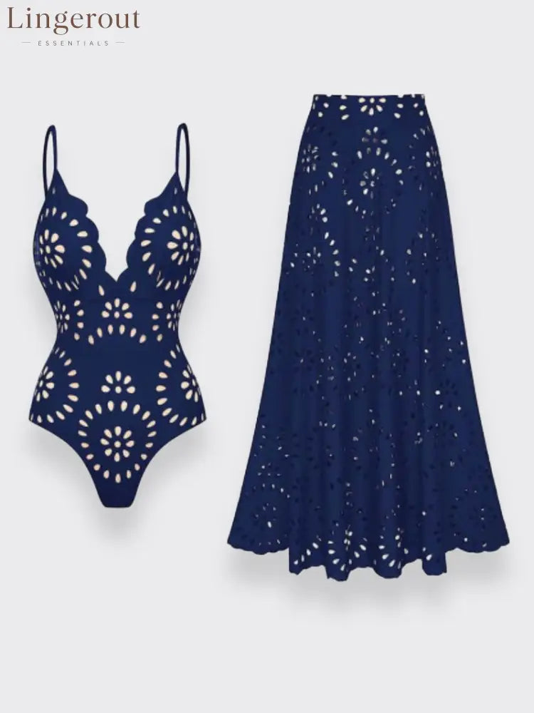 Flower Hollow One Piece Swimsuit and Skirt - Navy / S