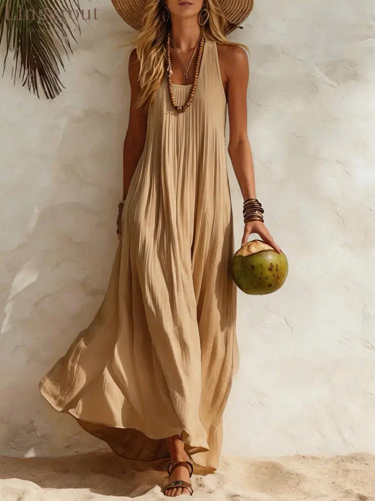 Flowy Halter Maxi Dress - Khaki / S