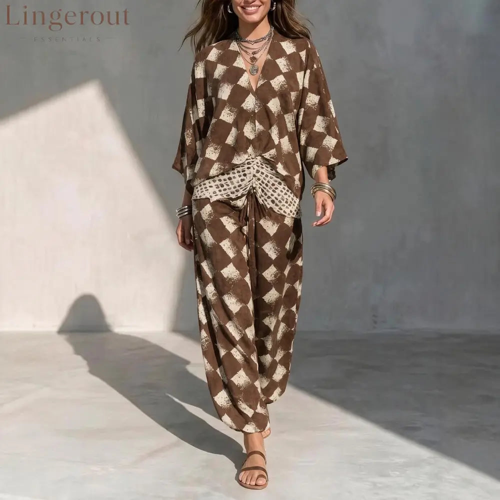 Geometric Print V‑Neck Kimono Sleeve Top & Wide‑Leg Pants Two‑Piece Set - coffee‑brown / XS