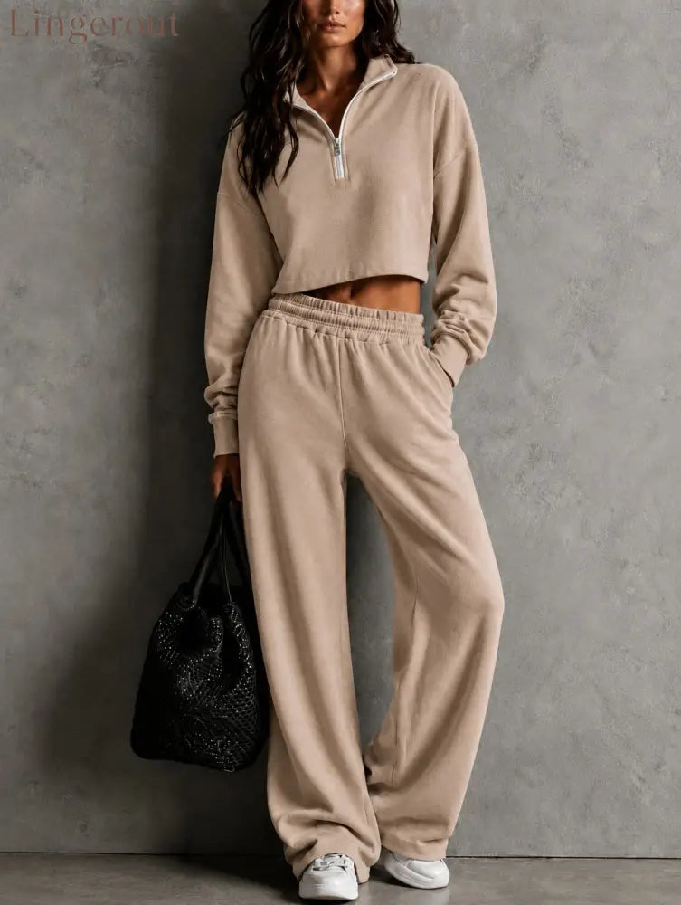 Half‑Zip Cropped Sweatshirt & Wide‑Leg Sweatpants Two‑Piece Set - khaki / S