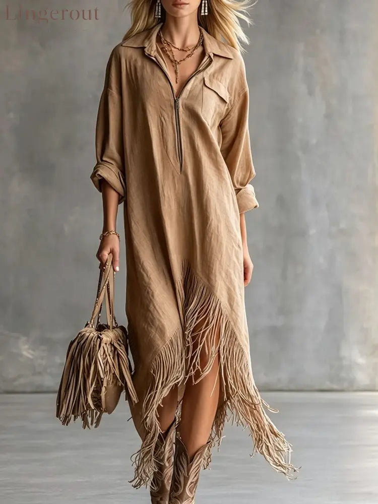 Half Zip Fringe Hem Boho Shirt Dress - Camel / S