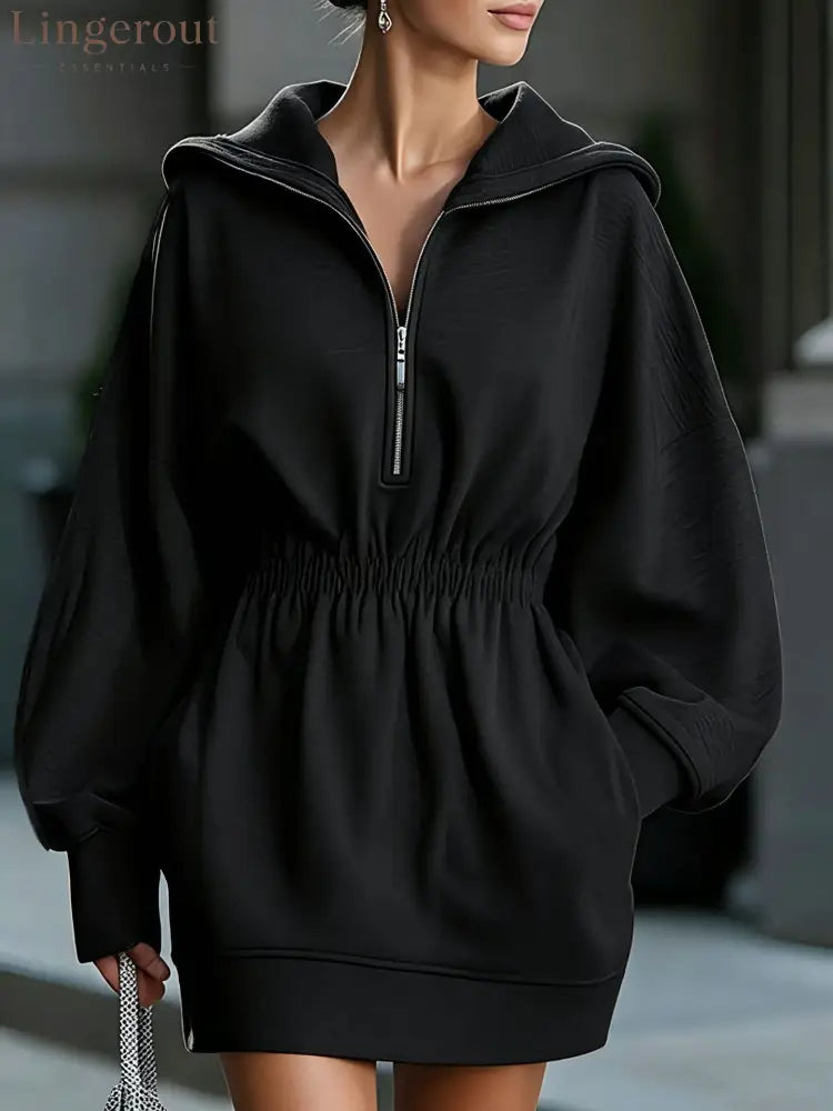 Half Zip Hooded Mini Dress Women Elastic Waist Long Sleeve Casual Sweatshirt Dress - Black / S