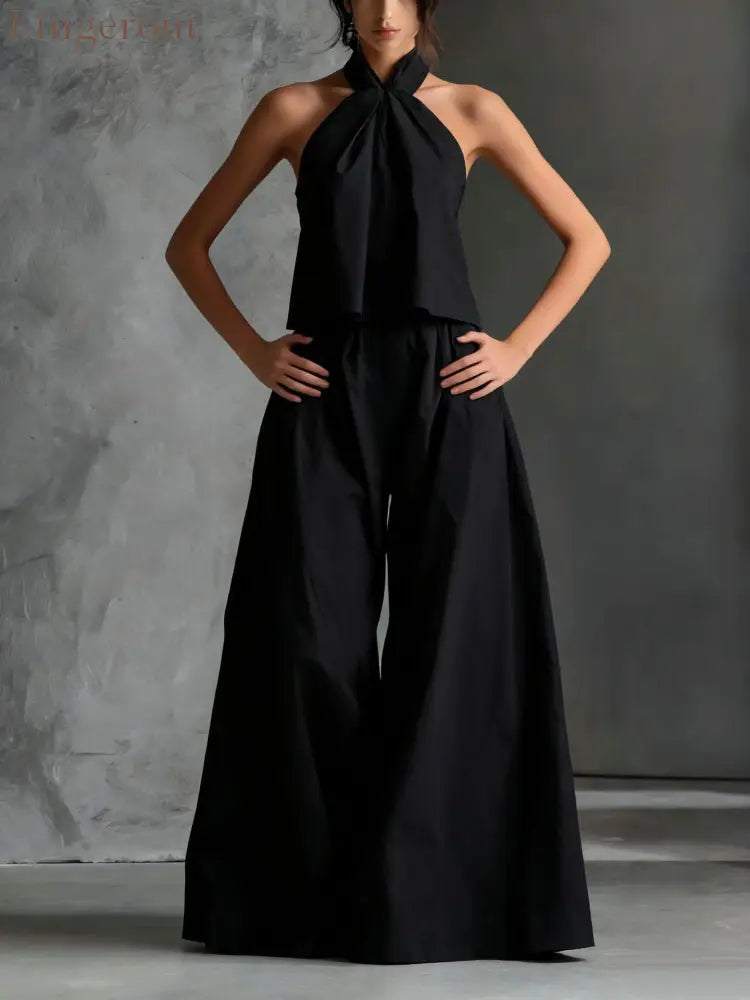Halter Neck Wide-Leg Two-Piece Formal Set - Black / S