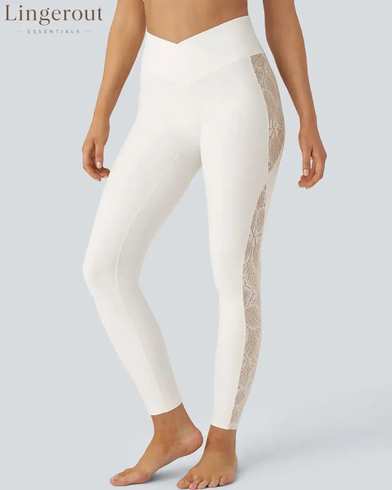 High-Waist Tummy Control Butt Lifting Lace Leggings - White / S