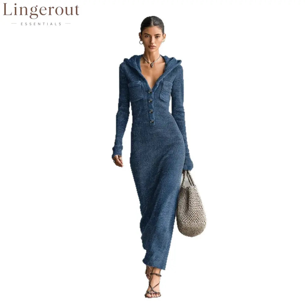Hooded Ribbed Knit Maxi Dress