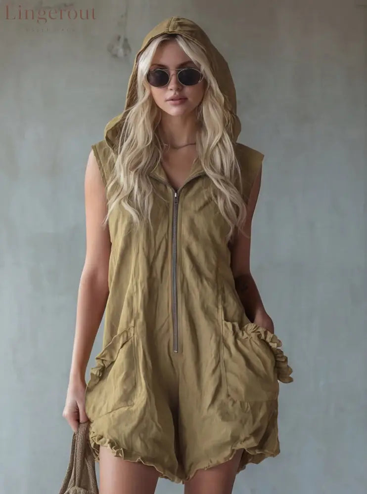Hooded Zip Front Linen Romper - Khaki / S