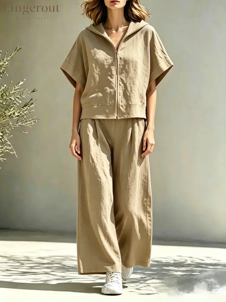 Hooded Zip Top & Wide-Leg Pants Set - Khaki / S