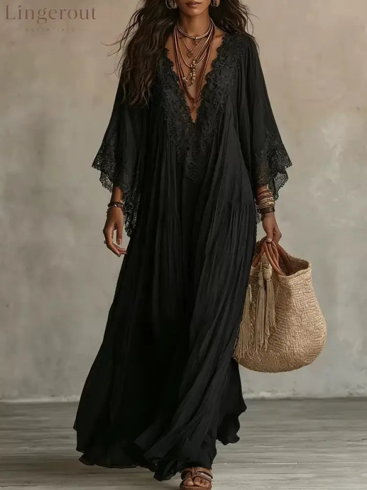 Lace Trim V-Neck Bell Sleeve Tiered Flowy Boho Maxi Dress - Black / S