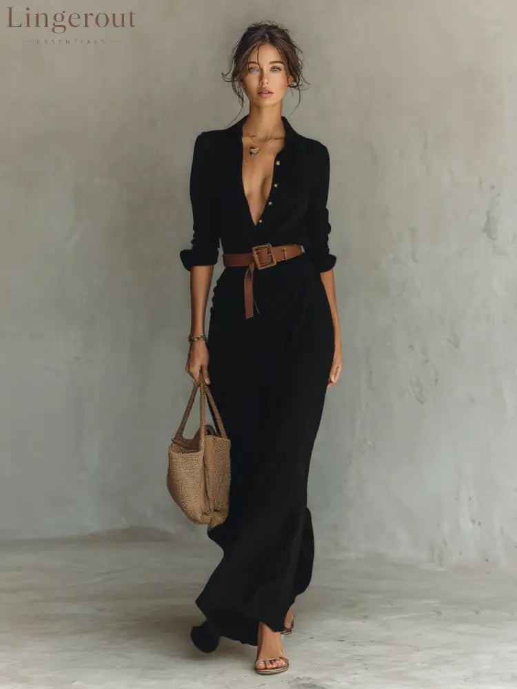 Ladies Lapel Single Breasted Long Sleeve Belted Maxi Dress - Black / XS