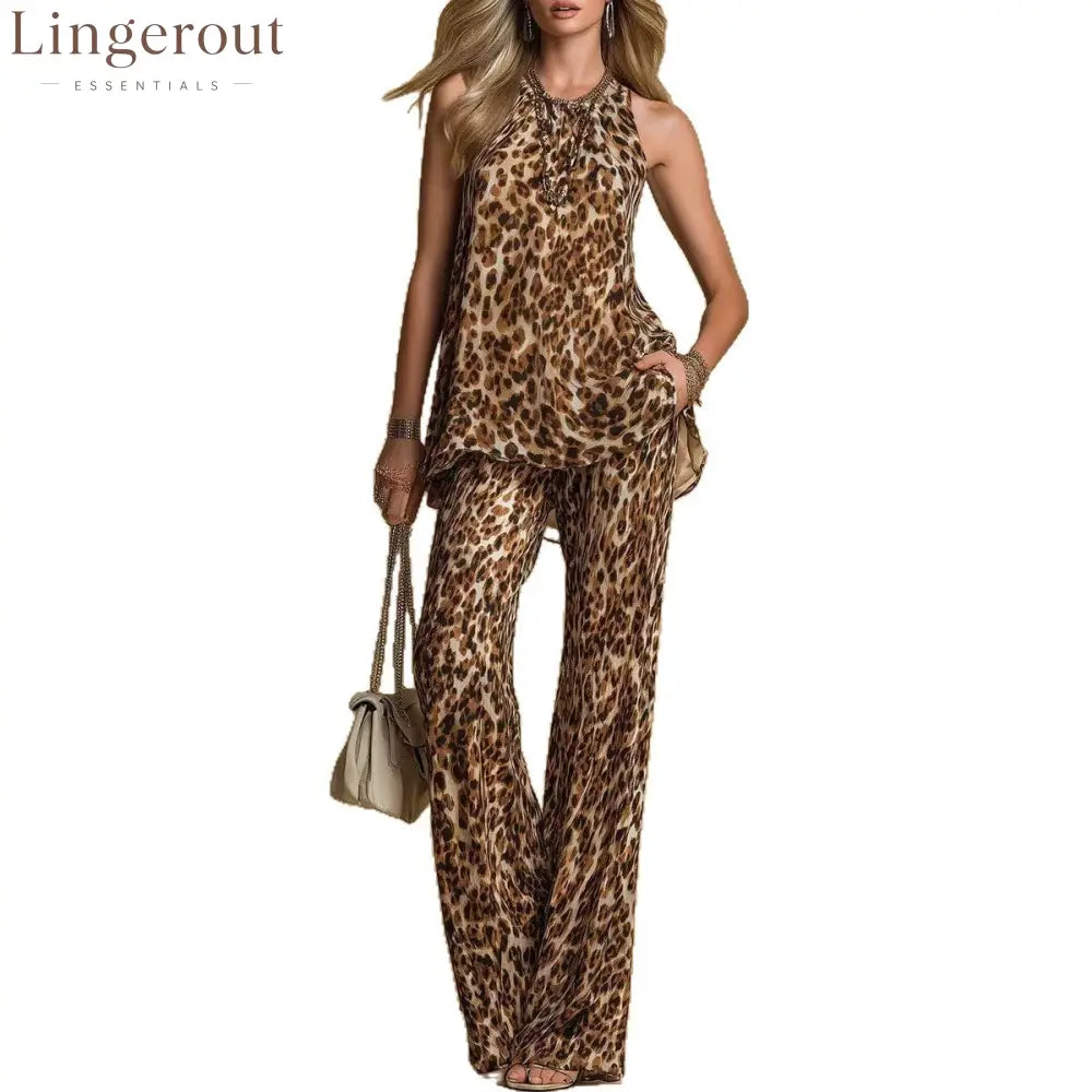 Leopard Print Rhinestone Halter Tank & High Waist Wide Leg Pants 2 Piece Matching Set