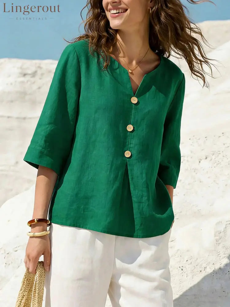 Linen-Blend Button-Front Top – Soft Textured 3/4 Sleeve Blouse - Dark green / S