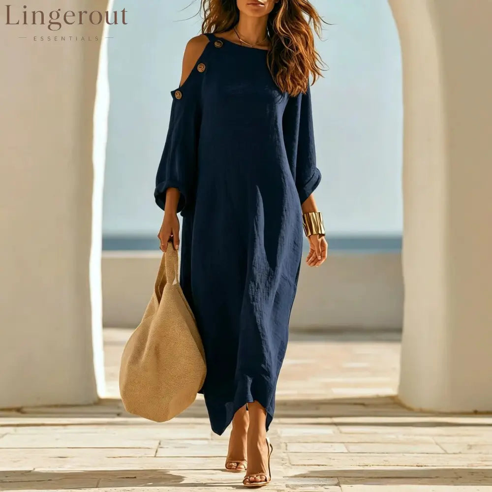 Linen‑Blend Cold‑Shoulder Button Detail Loose Maxi Dress - Navy blue / S