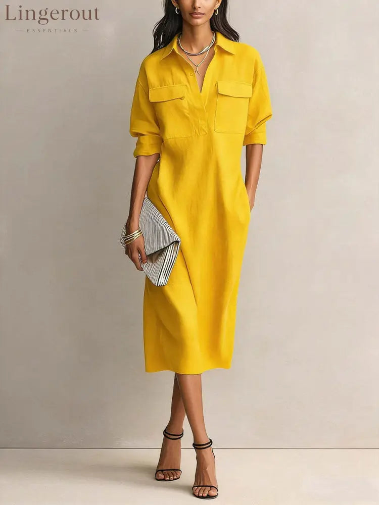 Linen Blend Shirt Midi Dress - Yellow / S