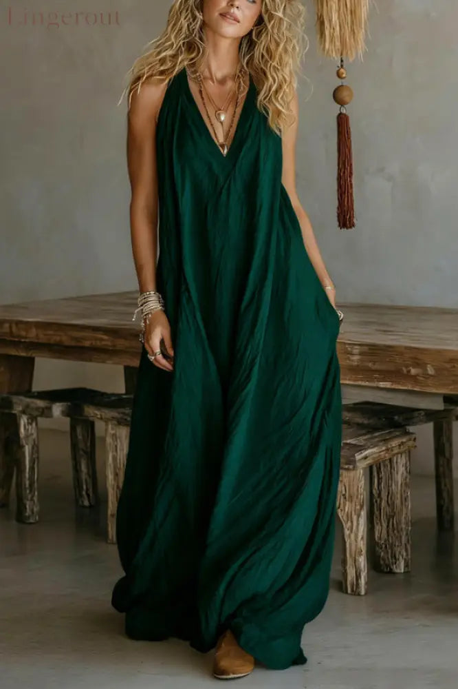 Linen Blend Solid Color Loose V-neck Sleeveless Pocket Casual Maxi Dress - Blackish Green / S