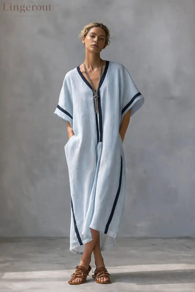Linen Blend V-Neck Kaftan Dress - Azure / XS