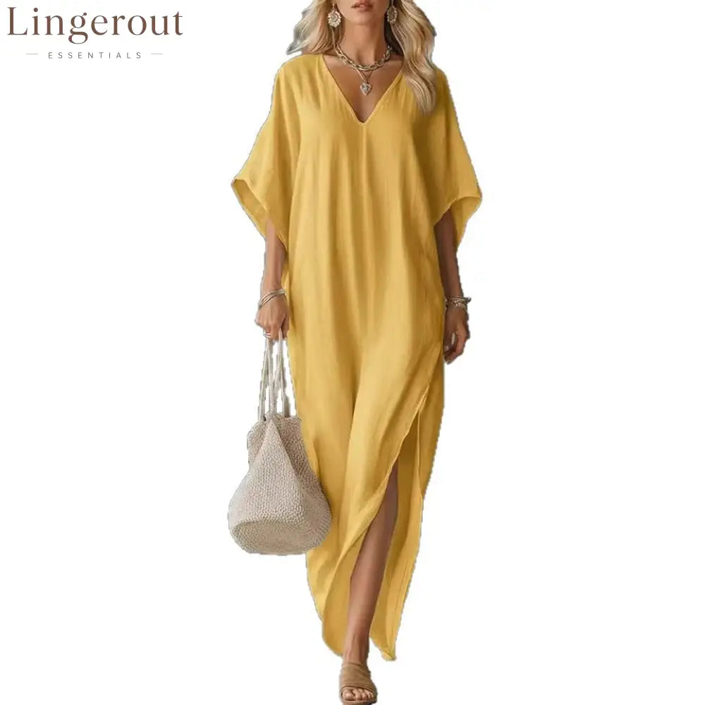 Linen Blend V-Neck Kaftan Maxi Dress