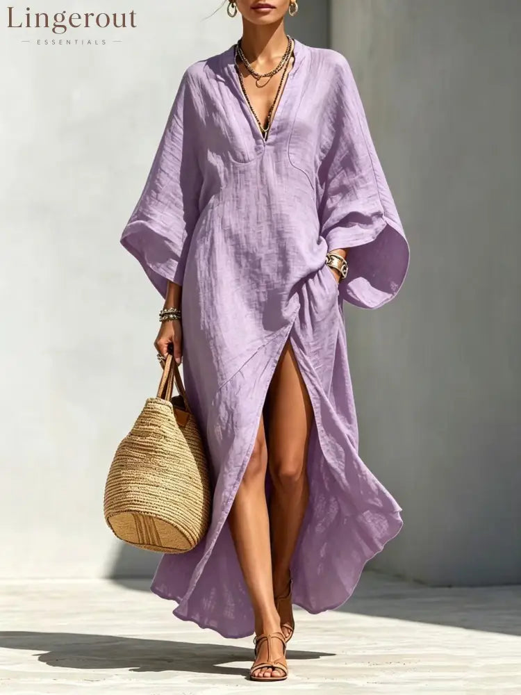 Linen‑Blend V‑Neck Kaftan Maxi Dress - purple / S